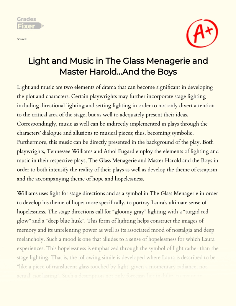 The Elements of Light and Music in The Glass Menagerie and Master Harold and The Boys Essay