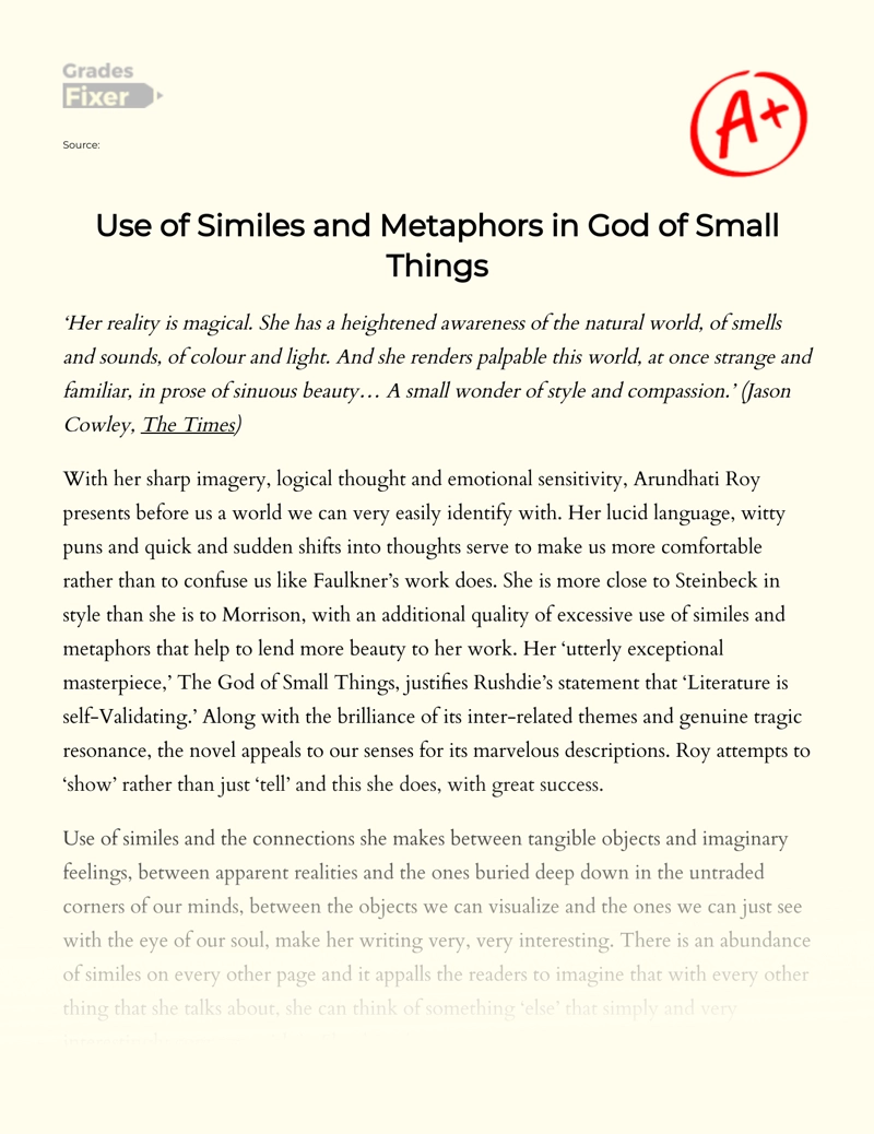 An Analysis of Metaphors and Similes in "The God of Small Things" Essay