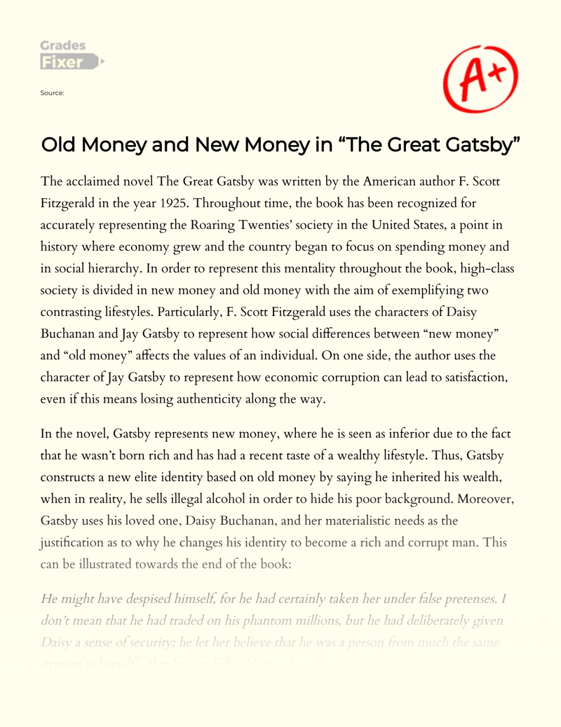 Old Money Versus New Money as Shown in The Great Gatsby essay