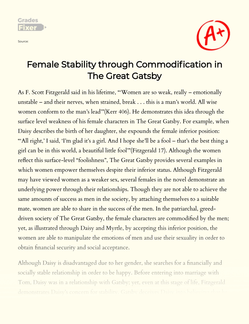 Treating Women Like a Commodity for Female Stability in The Great Gatsby essay