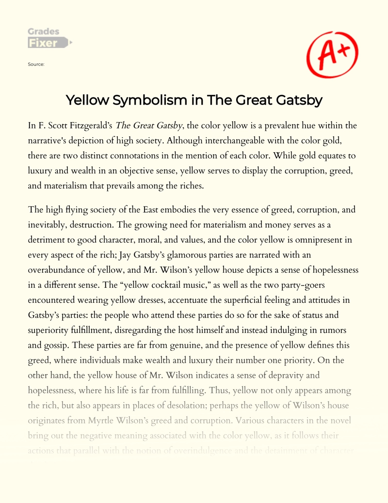 The Symbolic Use of Yellow in The Great Gatsby essay