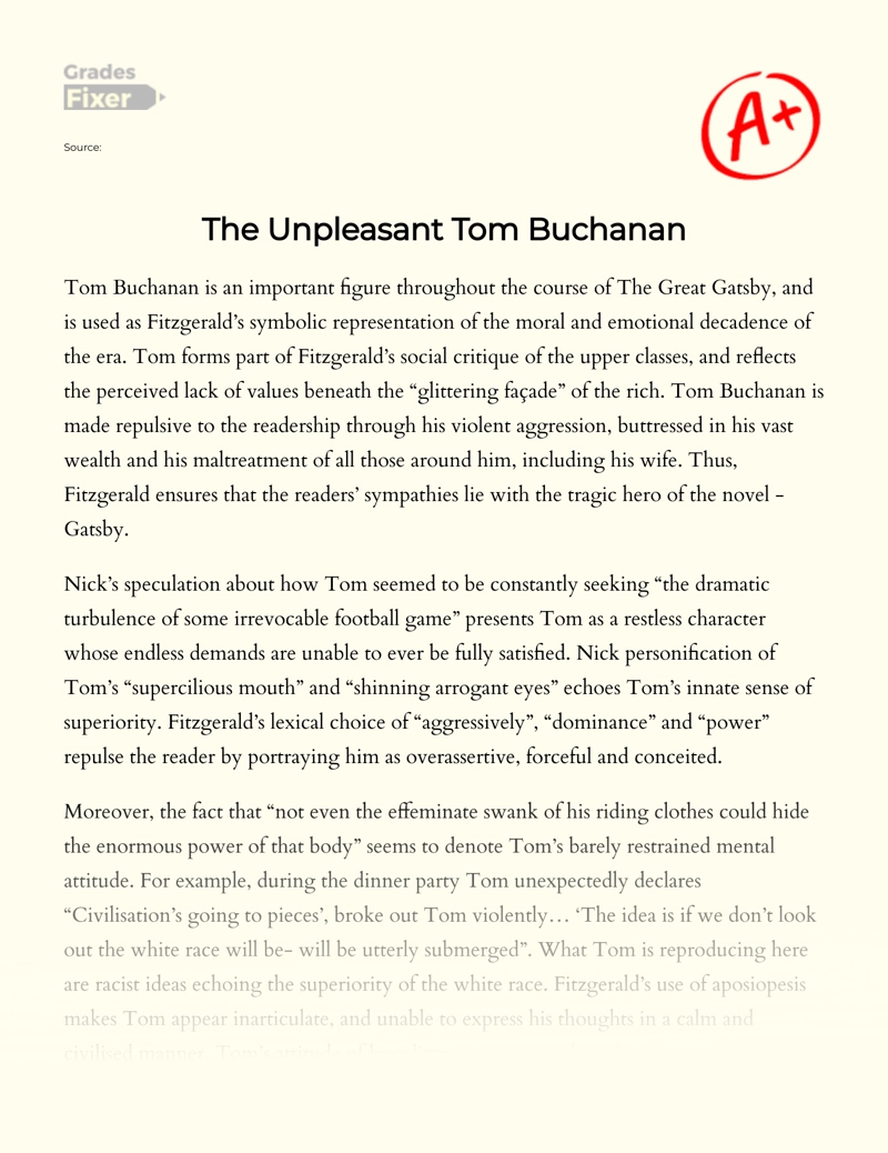 The Unpleasant Character of Tom Buchanan in The Great Gatsby essay