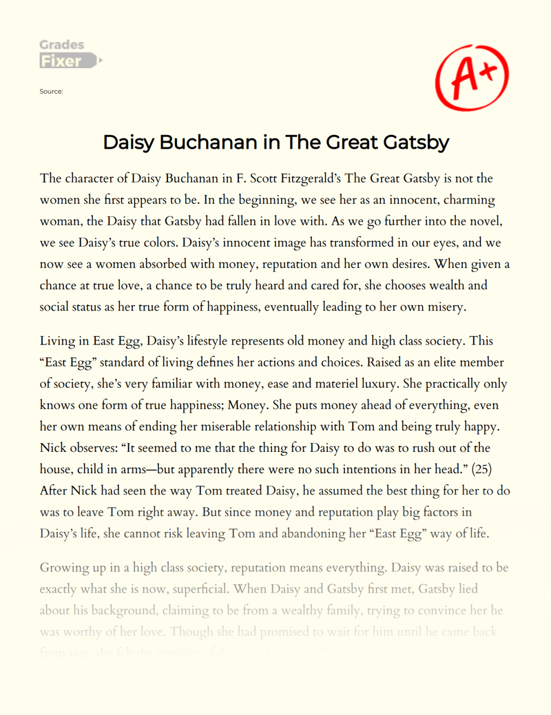 A Look at The Character of Daisy Buchanan as Depicted in The Great Gatsby Essay
