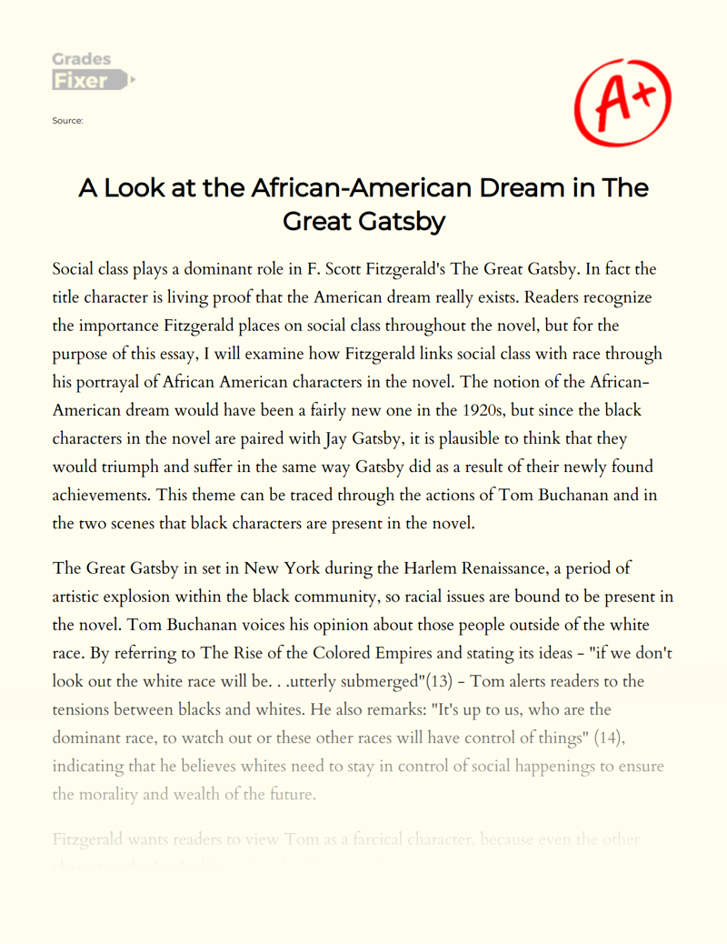 A Look at The African-american Dream in The Great Gatsby Essay