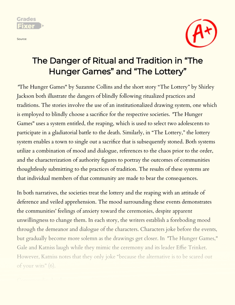 The Negative Aspect of Tradition and Ritualism in "The Lottery" and "The Hunger Games" Essay