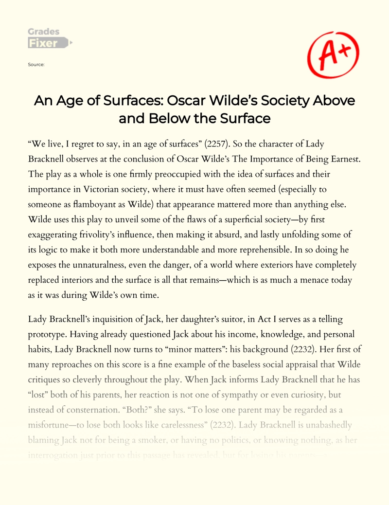 The Importance of Being Earnest: The Society Above and Below The Surface essay