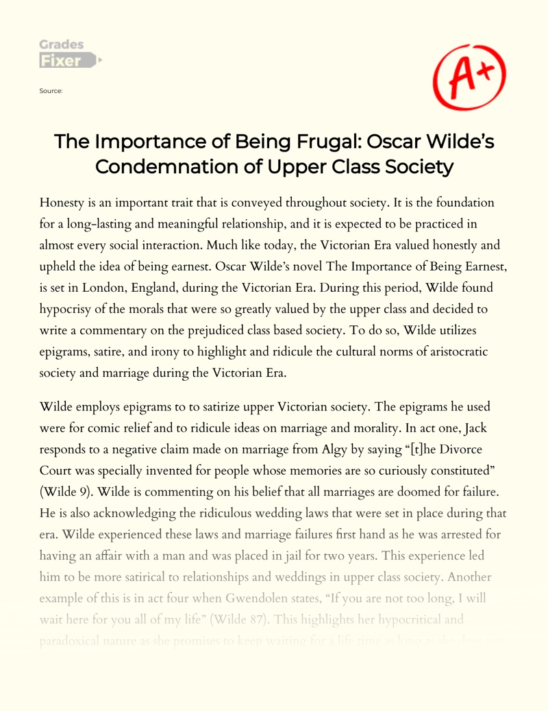 Benefits of Frugality: a Condemnation of The Upper-class Society by Oscar Wilde essay