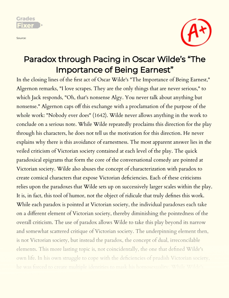 A Contradiction Through Pacing as Depicted in "The Importance of Being Earnest" by Oscar Wilde essay