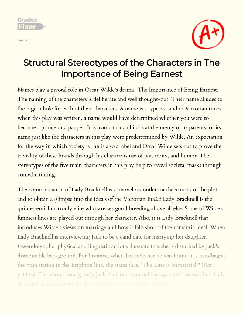 The Systemic Stereotypes of Characters in "The Importance of Being Earnest" essay