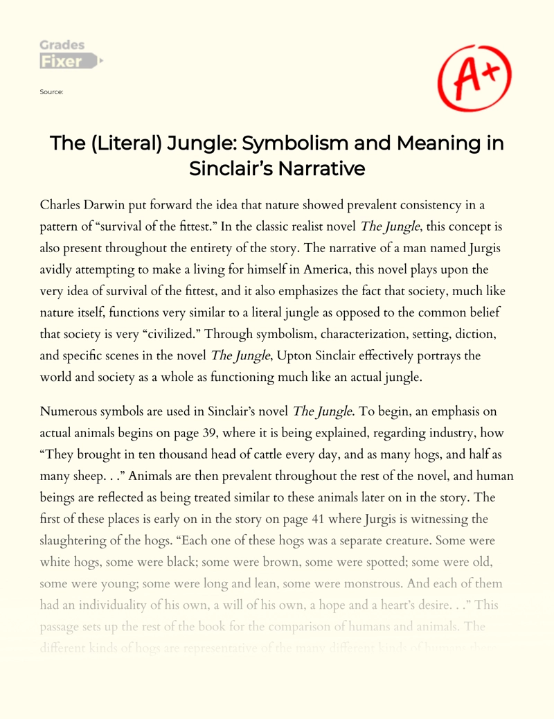 The Literal and Symbolic Meaning of The Jungle in Sinclair's Narrative essay