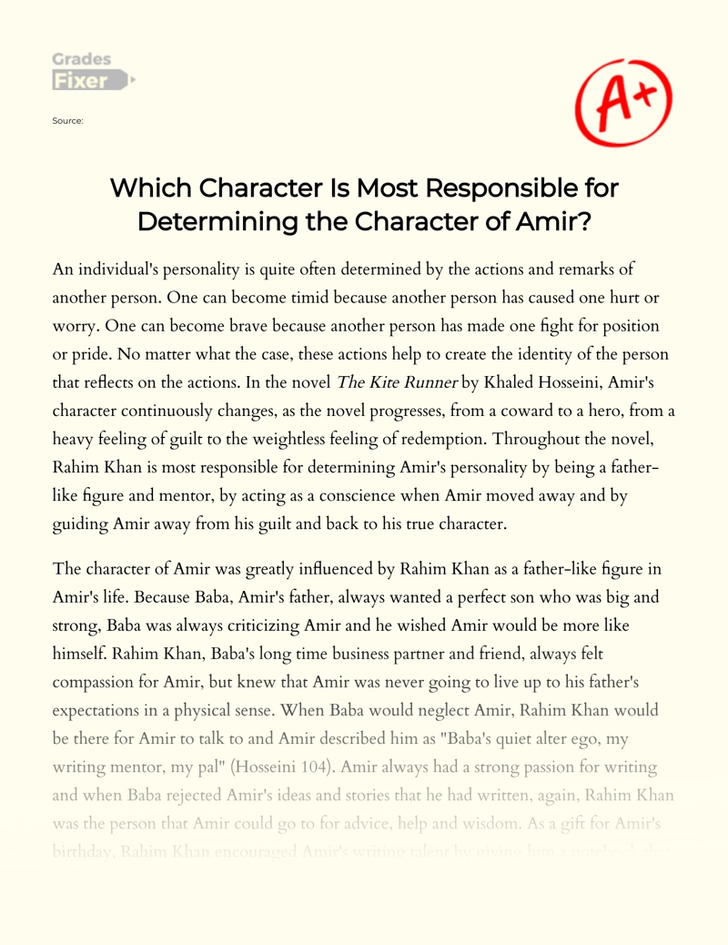 Rahim Khan's Influence on Amir in "The Kite Runner" Essay