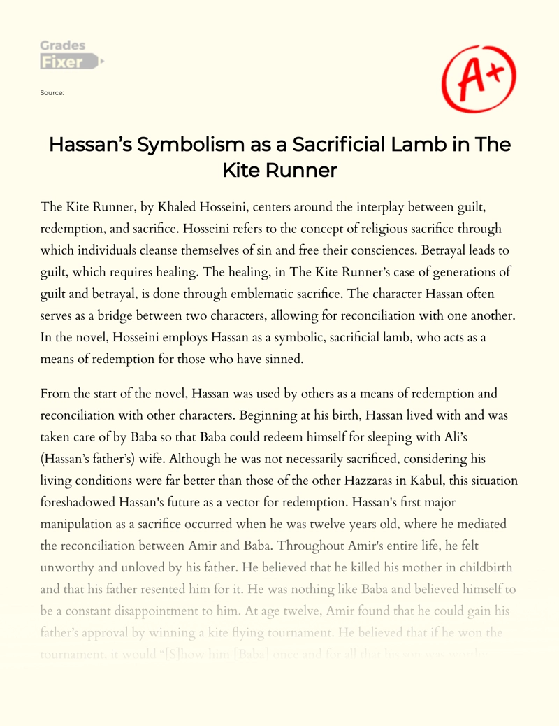 Hassan’s Symbolism as a Sacrificial Lamb in "The Kite Runner" Essay