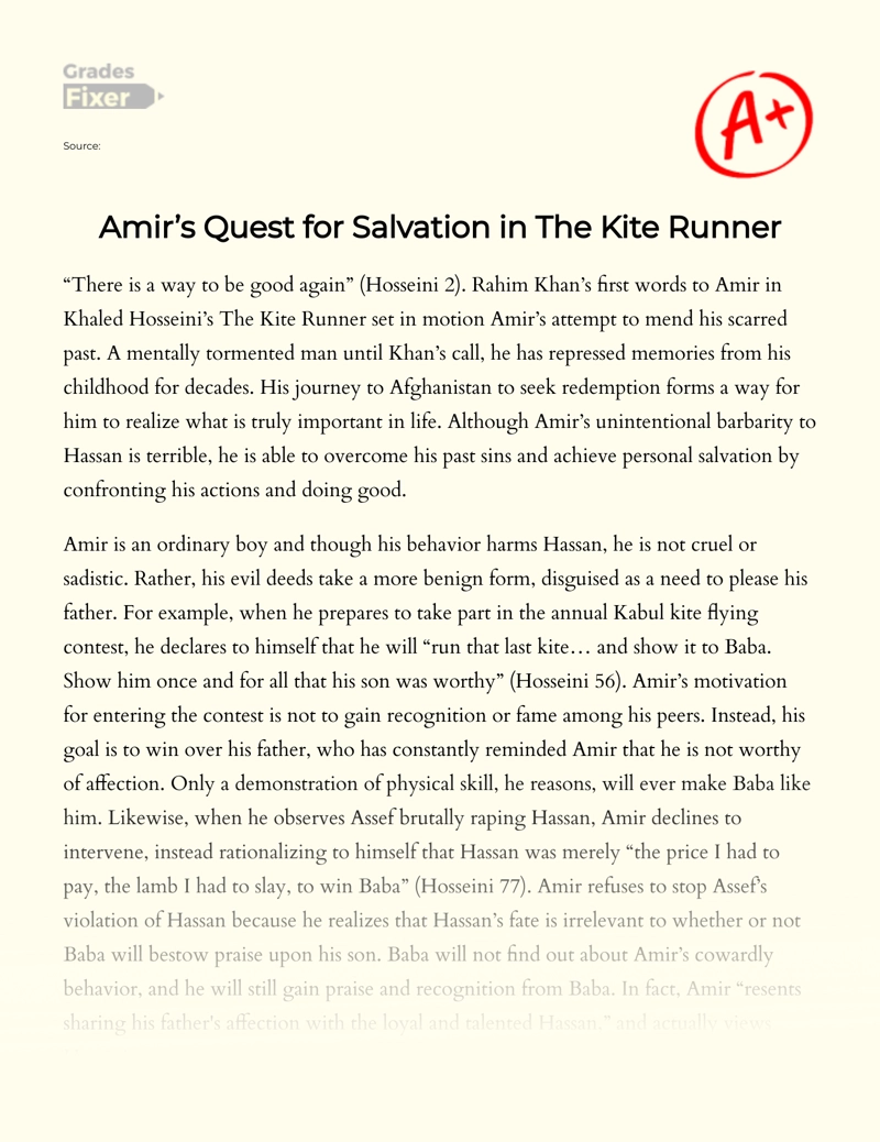 Amir’s Quest for Salvation in "The Kite Runner" Essay