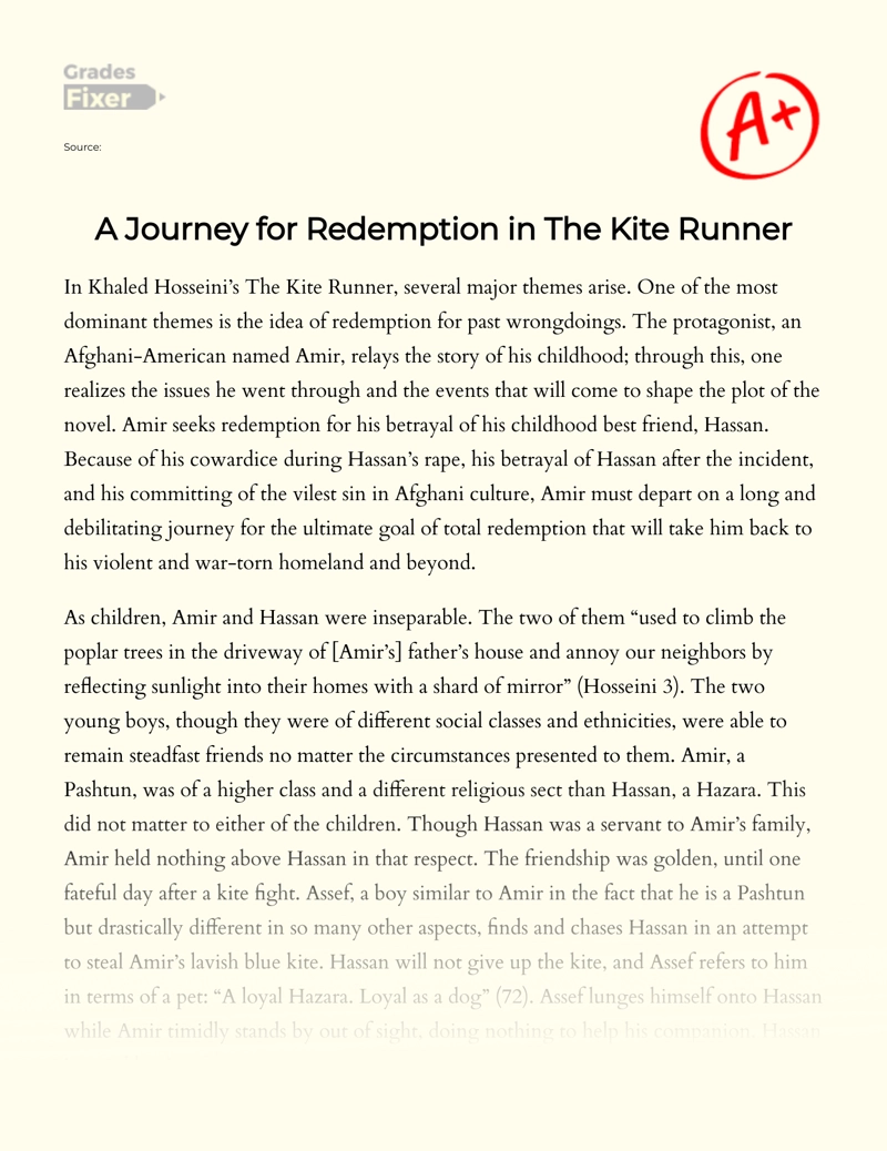 A Redemption Journey in "The Kite Runner" Essay