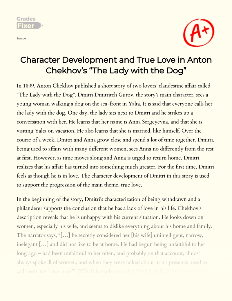 The Theme of True Love and Character Development in The Lady with The Dog by Anton Chekhov Essay