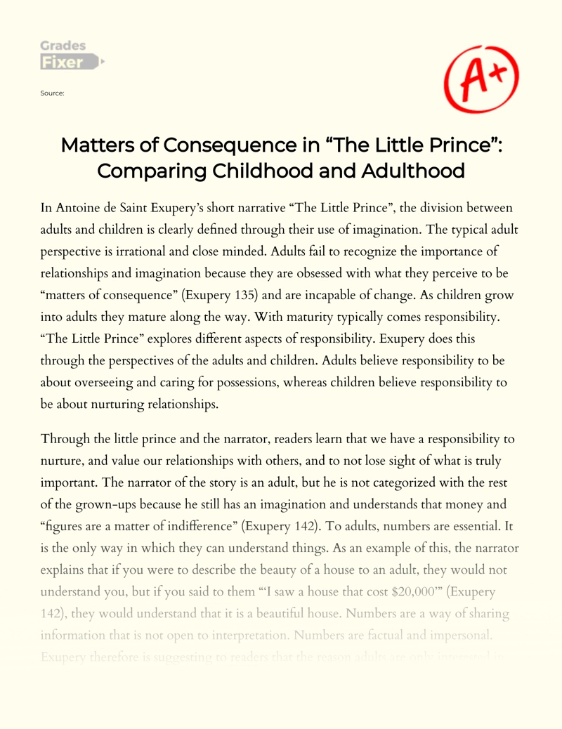 Comparing Childhood and Adulthood in The Little Prince Essay