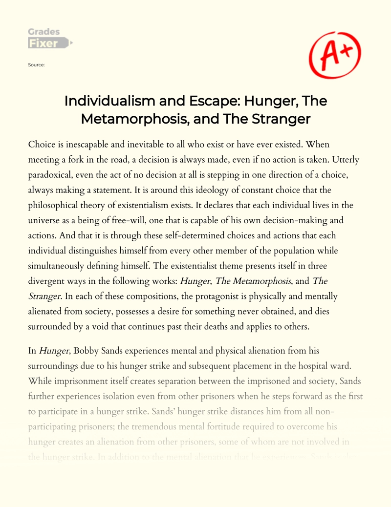 Self-reliance and Breaking Free: Hunger, Metamorphosis and The Stranger essay