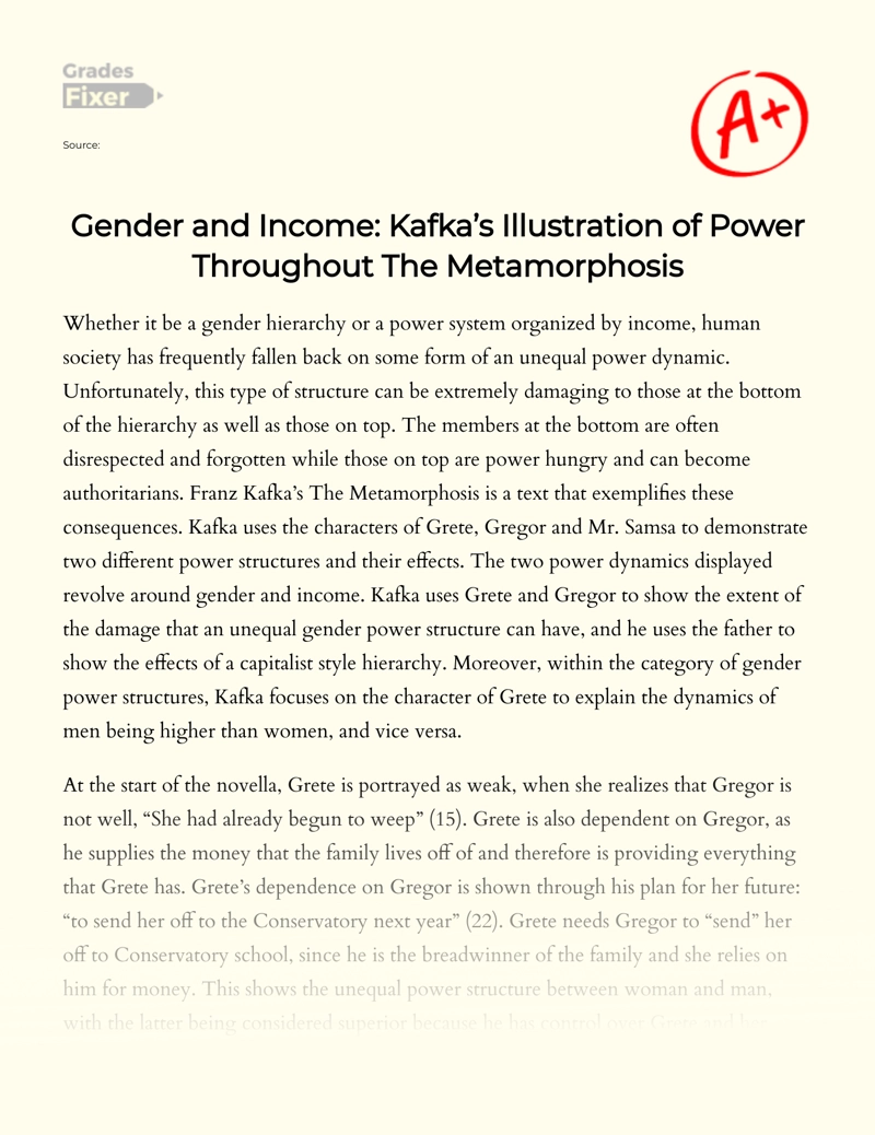 Gender and Earning: How Kafika Has Painted The Interrelation of Power in The Entire Plot of The Metamorphosis essay