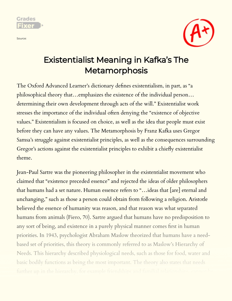 The Meaning of The Metamorphosis from The Existentialist's Point of View essay