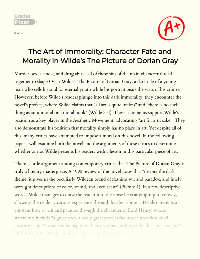 The Art of Immorality in The Picture of Dorian Gray Essay