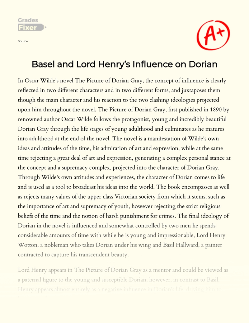 The Influence of Lord Henry and Basel on Dorian essay