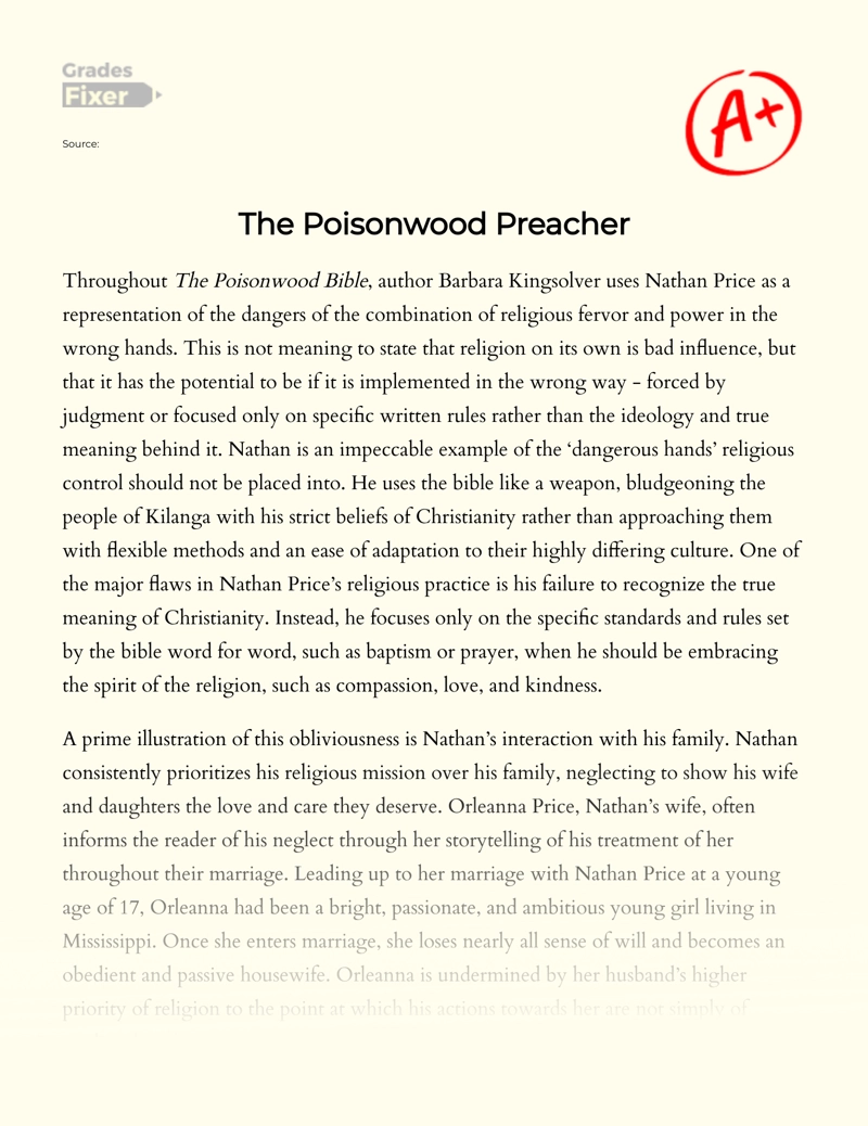 Analysis of The Character of Nathan Price in The Poisonwood Bible Essay