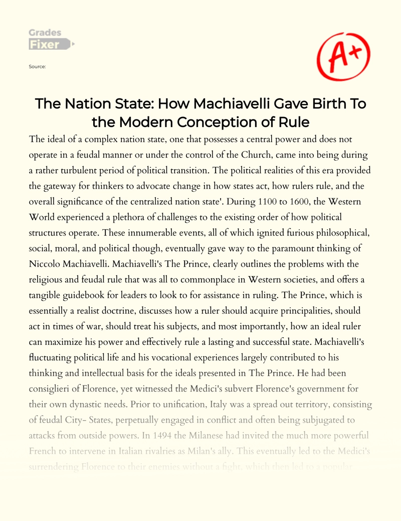 The Nation State: The Birthing of The Modern Administration Method by Machiavelli essay