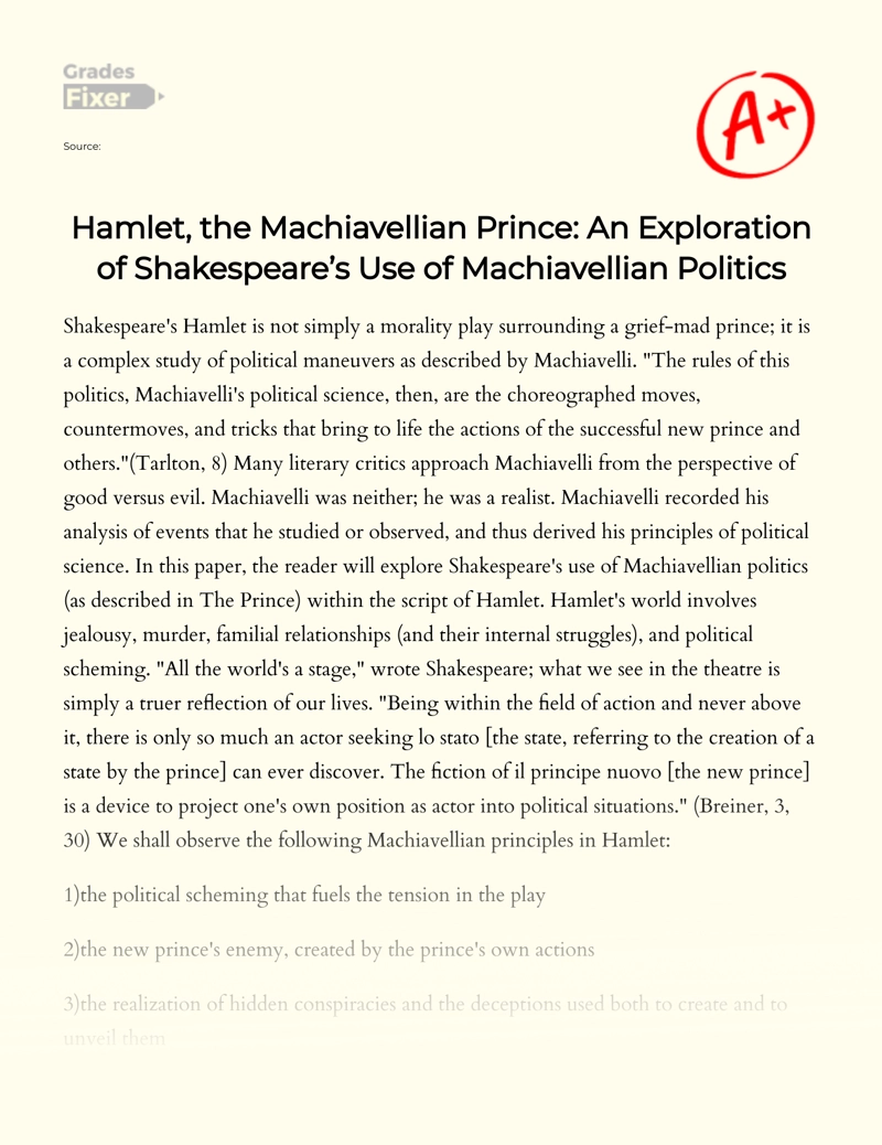 Shakespeare's Use of Machiavellian Politics in Hamlet Essay