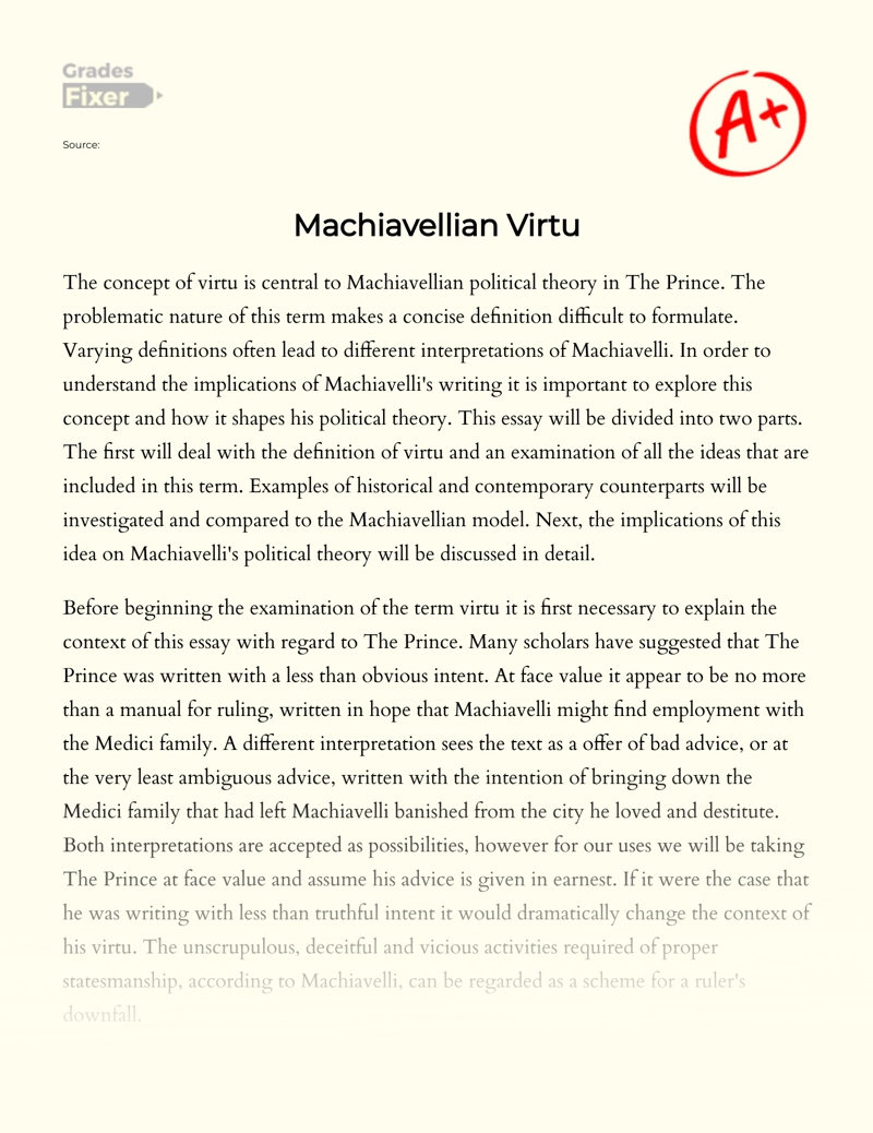 The Concept of Virtu in Machiavelli's The Prince Essay