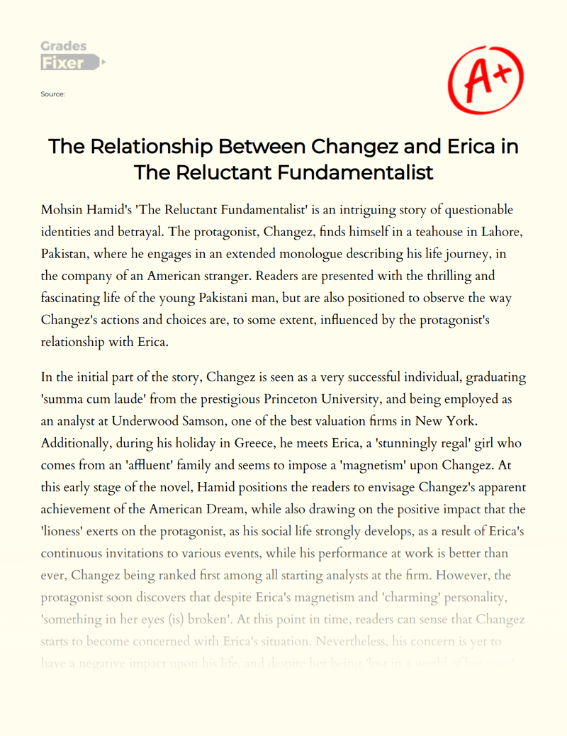 The Relationship Between Changez and Erica in The Reluctant Fundamentalist Essay