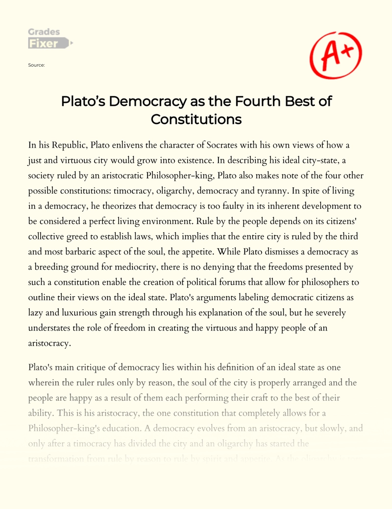 Plato's Democracy as The 4th Best Constitution essay