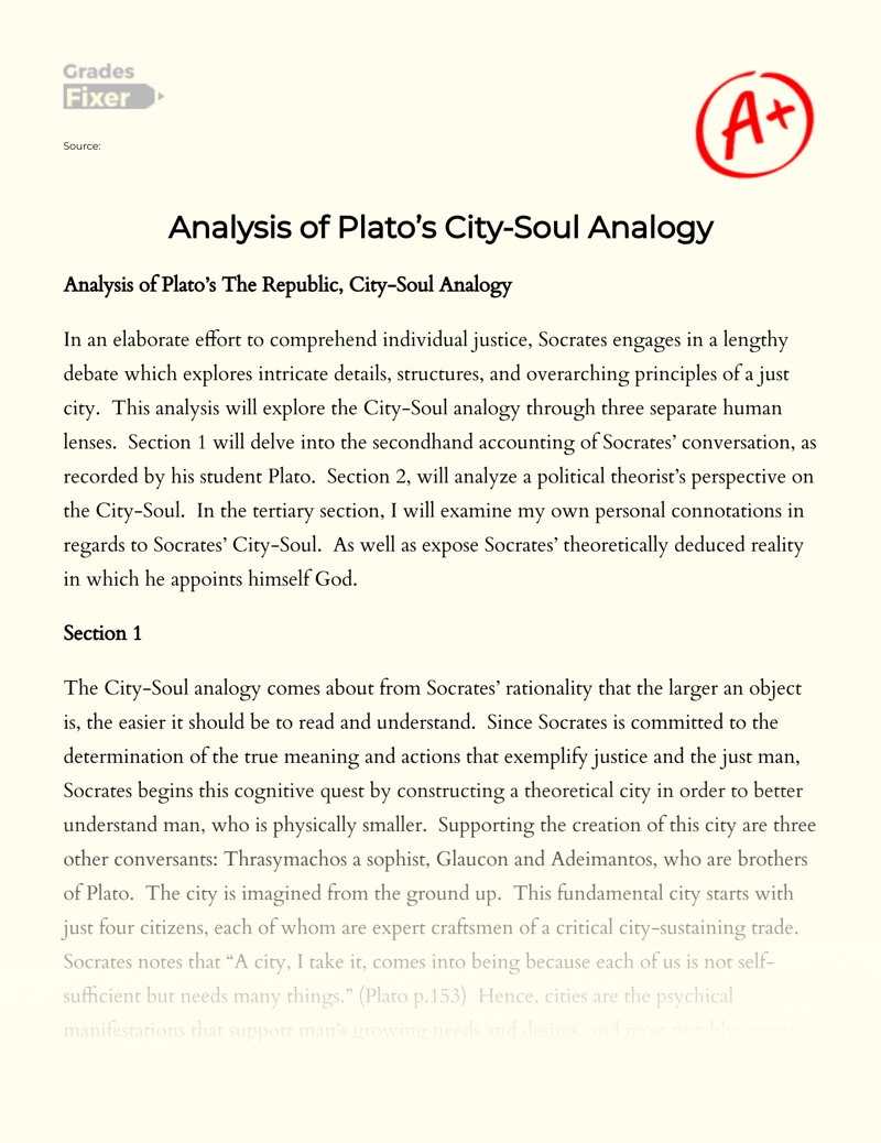 A Critical Analysis of The City-soul Analogy as Illustrated by Plato Essay