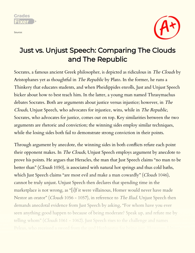 Fair Or Unfair Speech: a Comparison Between The Clouds and The Republic Essay