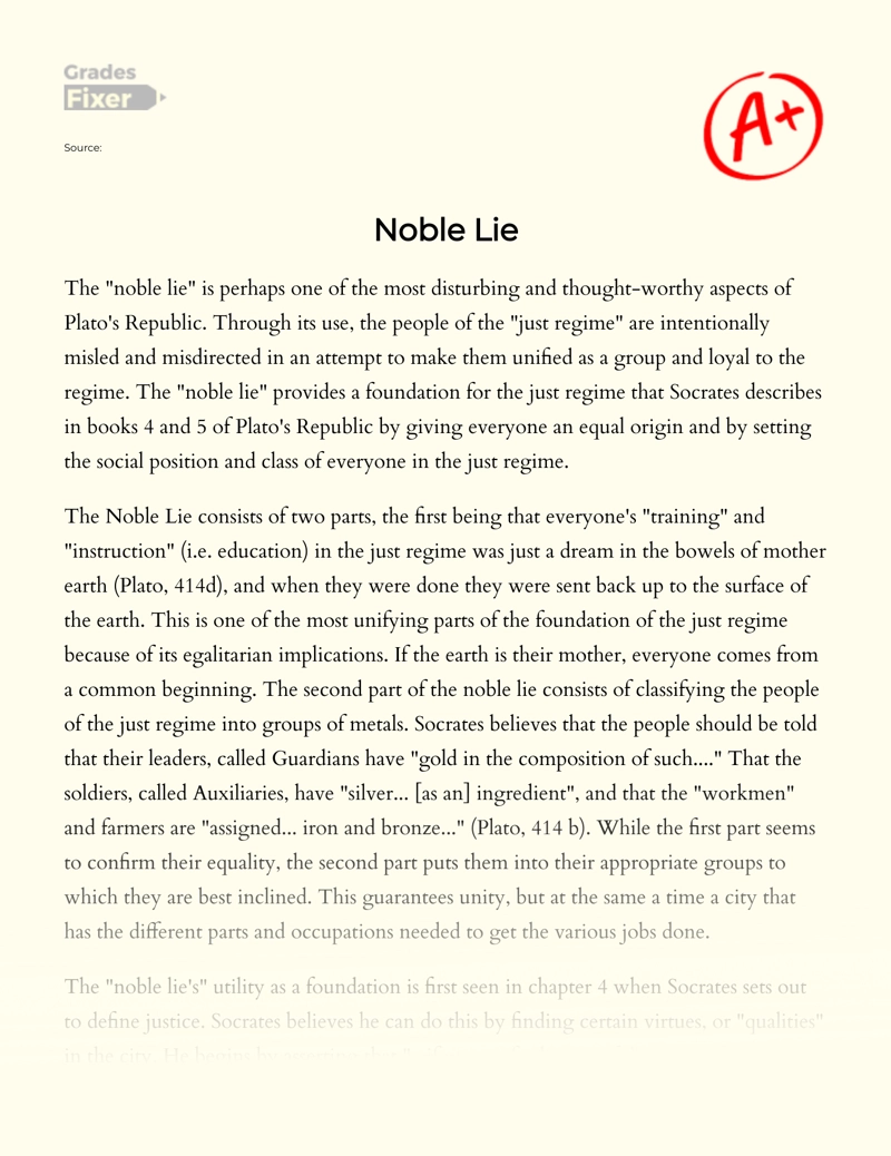 The Notion of Noble Lie in The Republic Essay