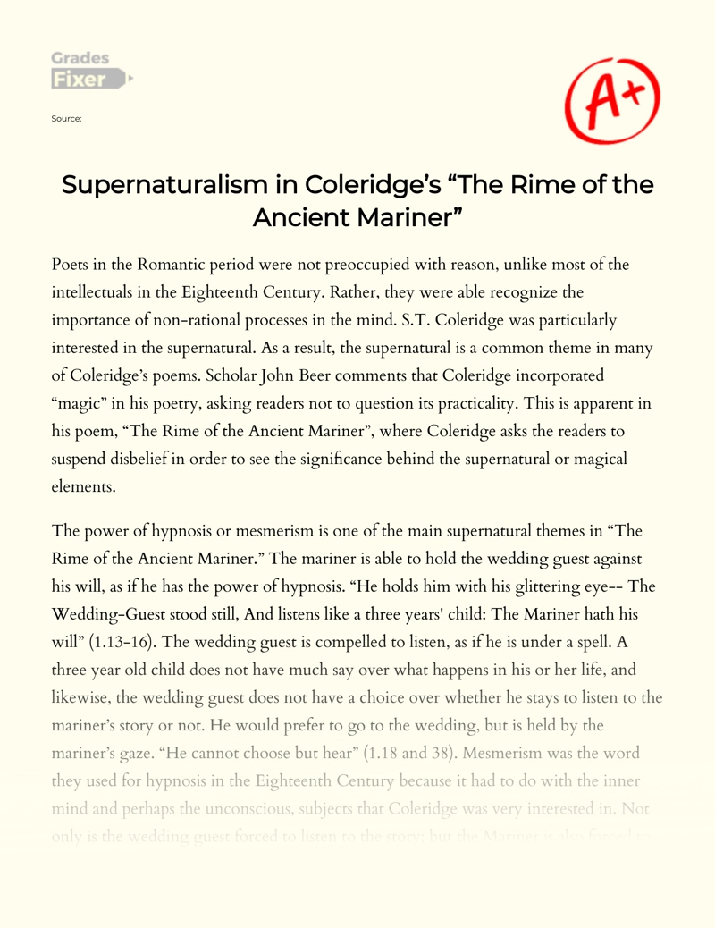 The Theme of Supernaturalism in The Rime of The Ancient Mariner by Coleridge Essay