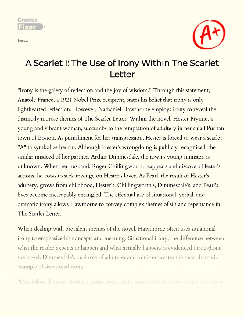 A Study of The Use of Irony as a Literary Device in "The Scarlet Letter" Essay