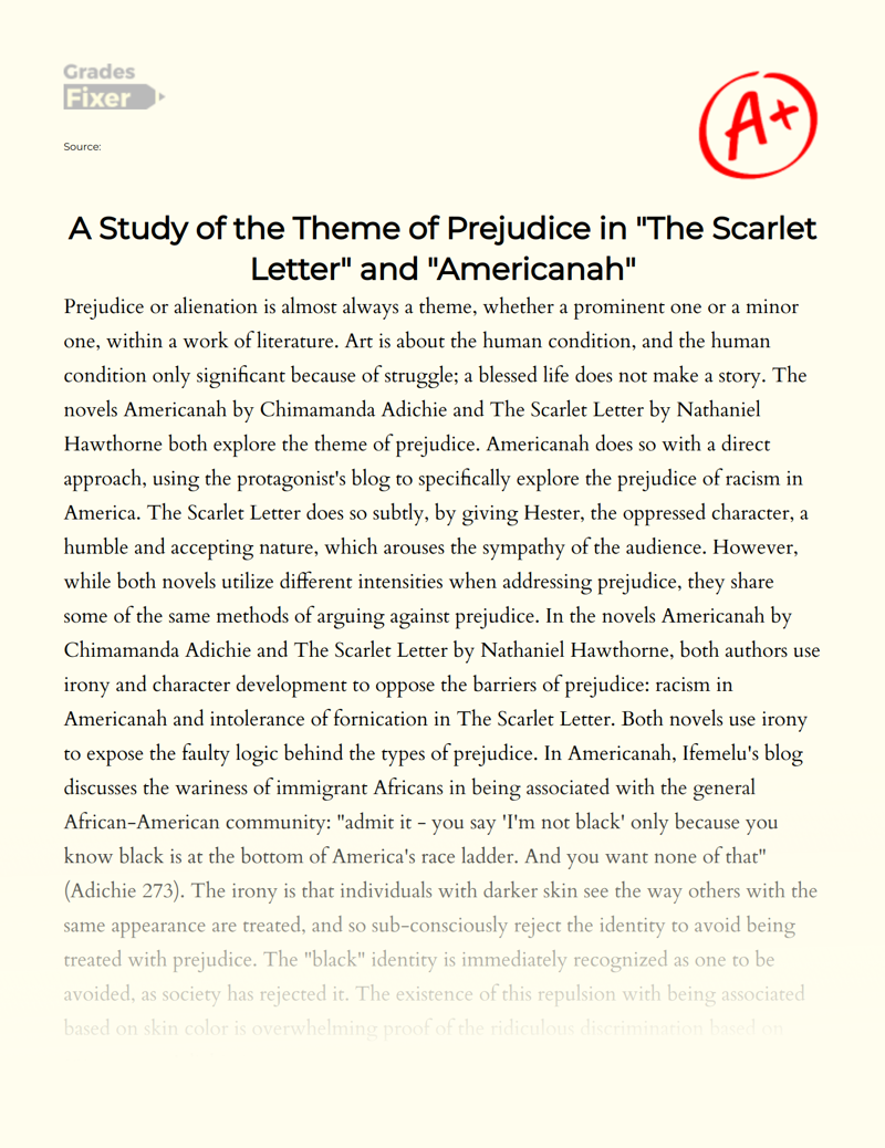 A Study of The Theme of Prejudice in "The Scarlet Letter" and "Americanah" Essay