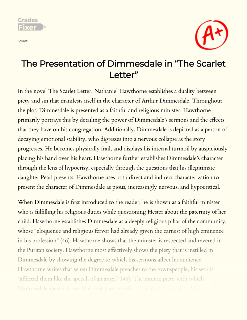 Presentation of Dimmesdale's Character in The Scarlet Letter Essay