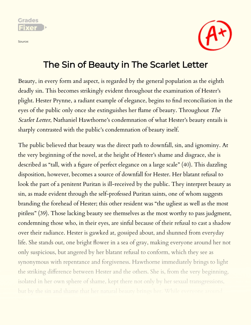 Beauty's Erring as Illustrated in The Scarlet Letter essay