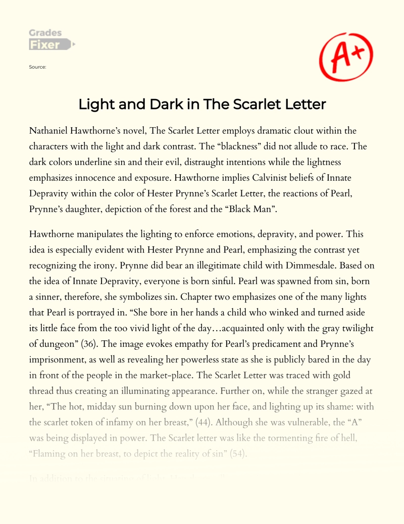 The Symbolic Meaning of Light Versus Darkness in The Scarlet Letter Essay