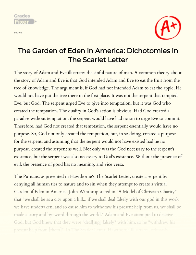American Version of The Garden of Eden: Dualism in The Scarlet Letter Essay