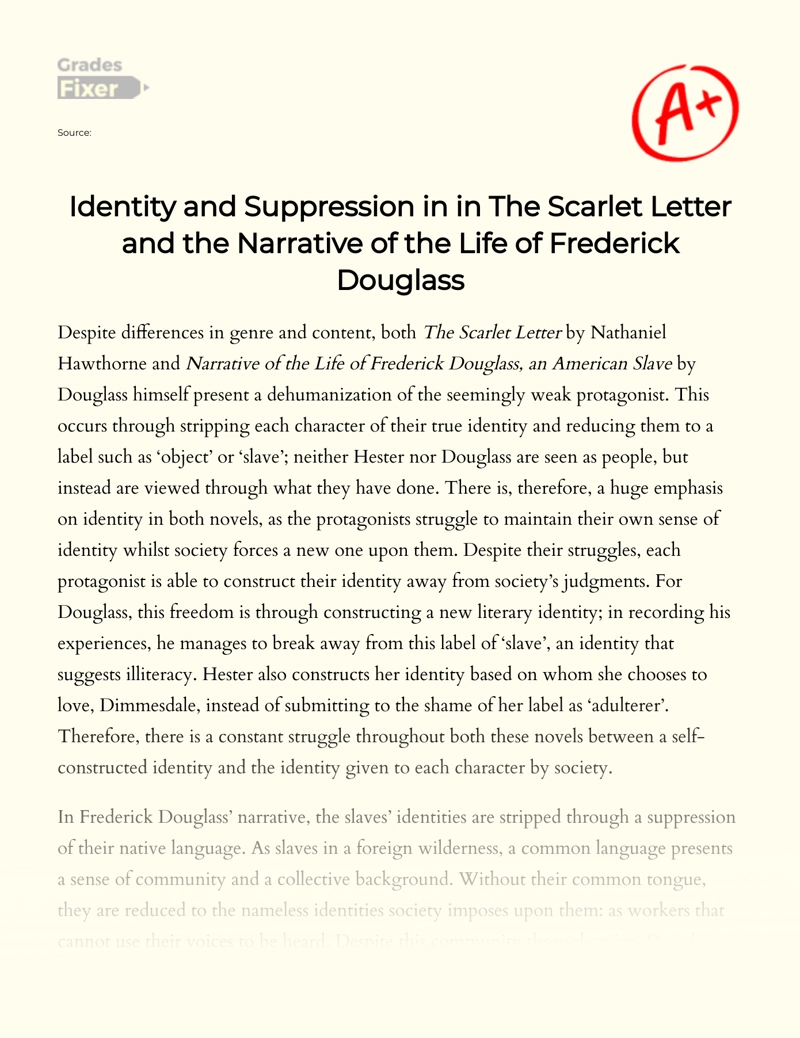 Identity and Suppression in "The Scarlet Letter" and "Narrative of Frederick Douglass" Essay