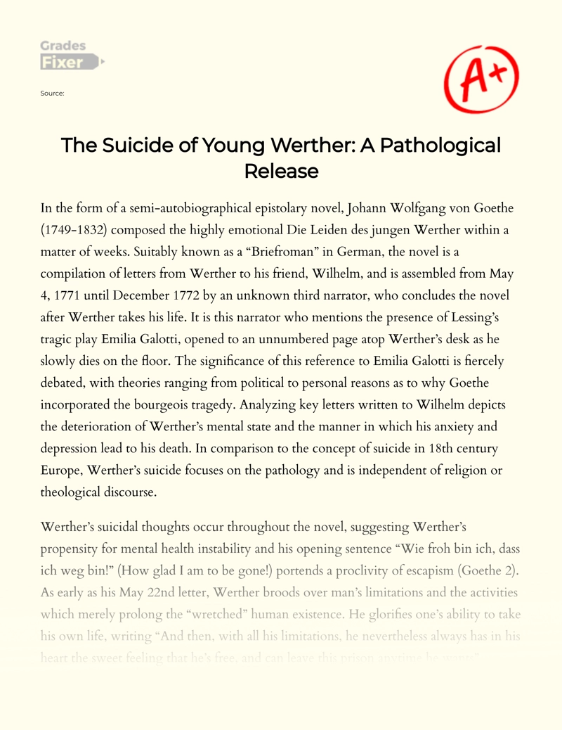 The Suicide of Young Werther: a Pathological Release Essay
