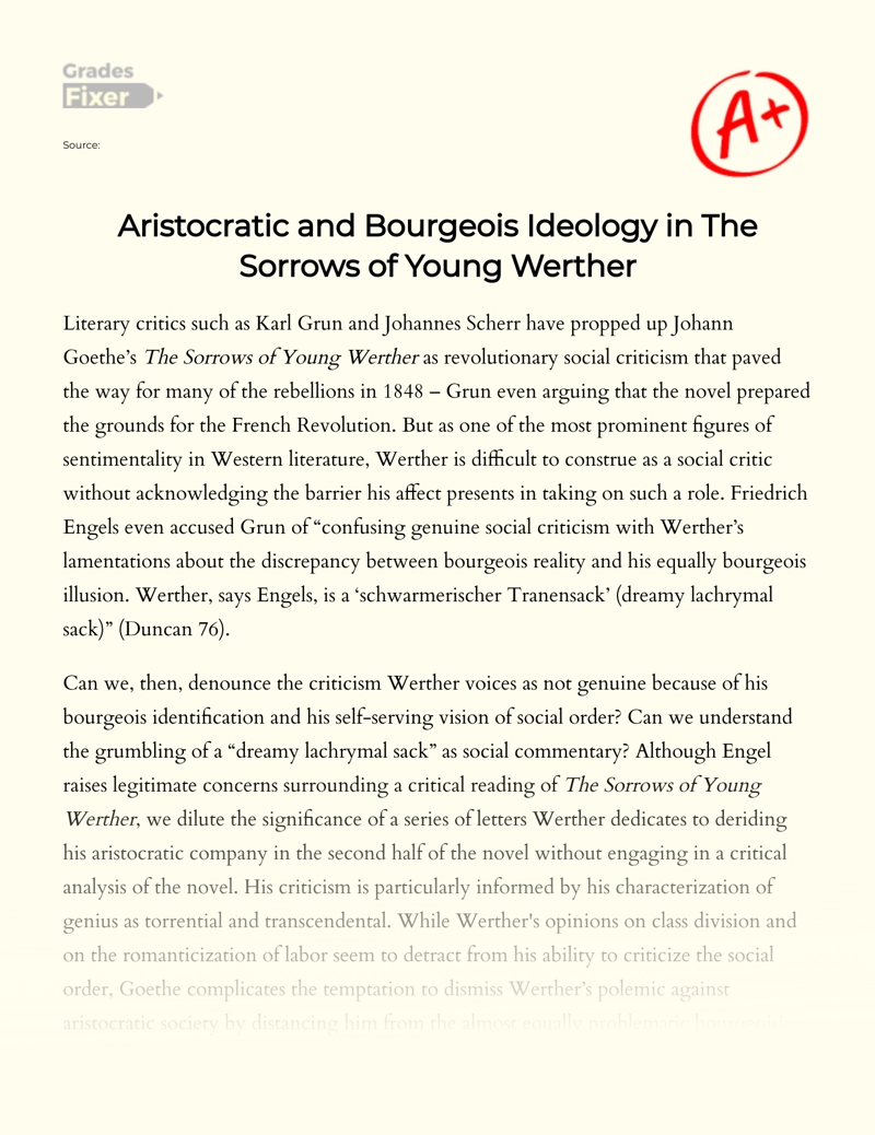 Aristocratic and Bourgeois Ideology in The Sorrows of Young Werther Essay