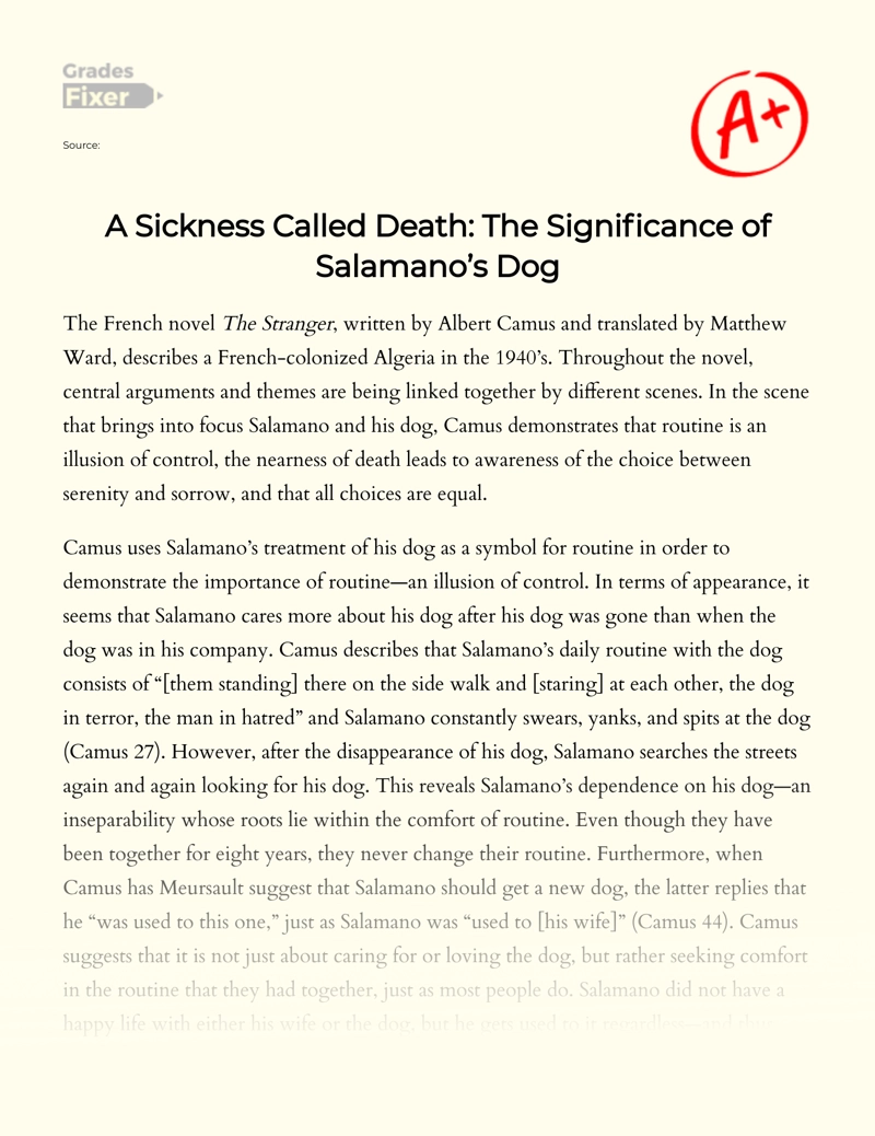 The Meaning of Salamano's Canine in The Stranger Essay
