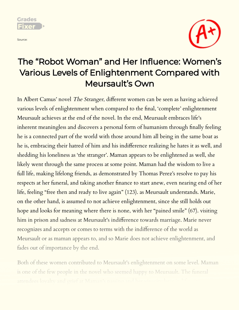 Women's Contribution to Meursault's Enlightenment in The Stranger Essay