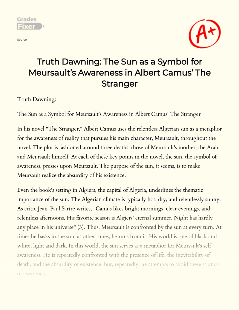 Symbolic Meaning of Sun in The Stranger by Albert Camus Essay