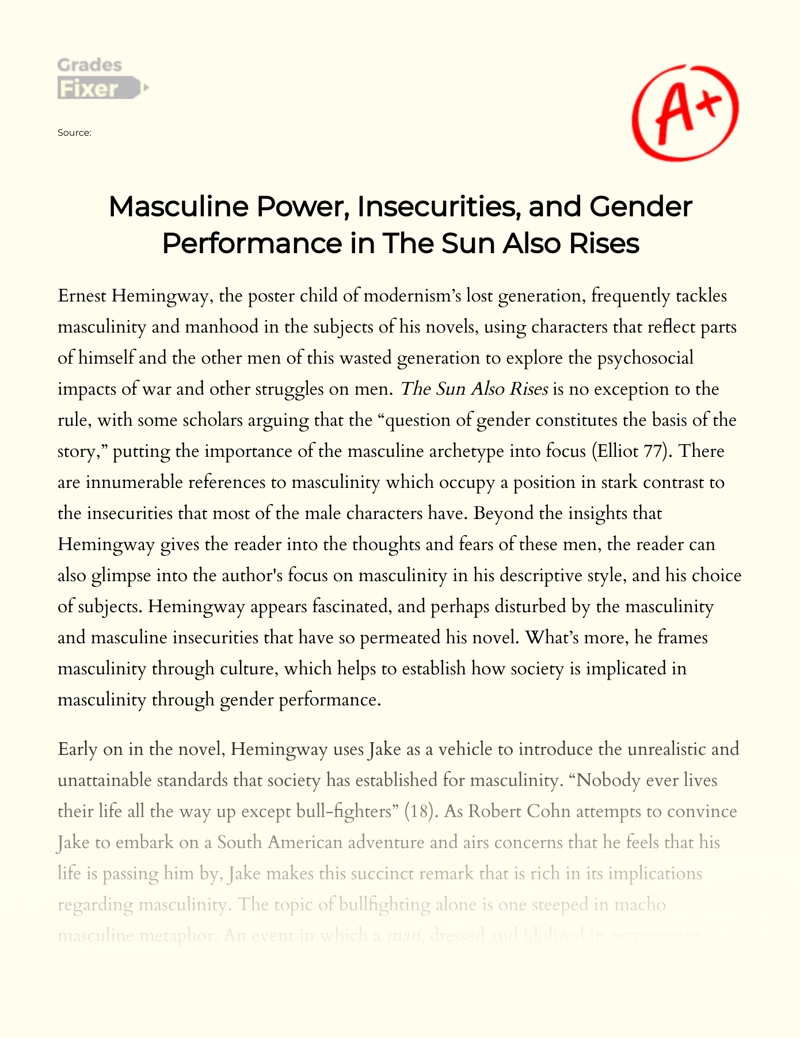 Machism, Self-doubt and Gender Achievement in "The Sun Also Rises" Essay