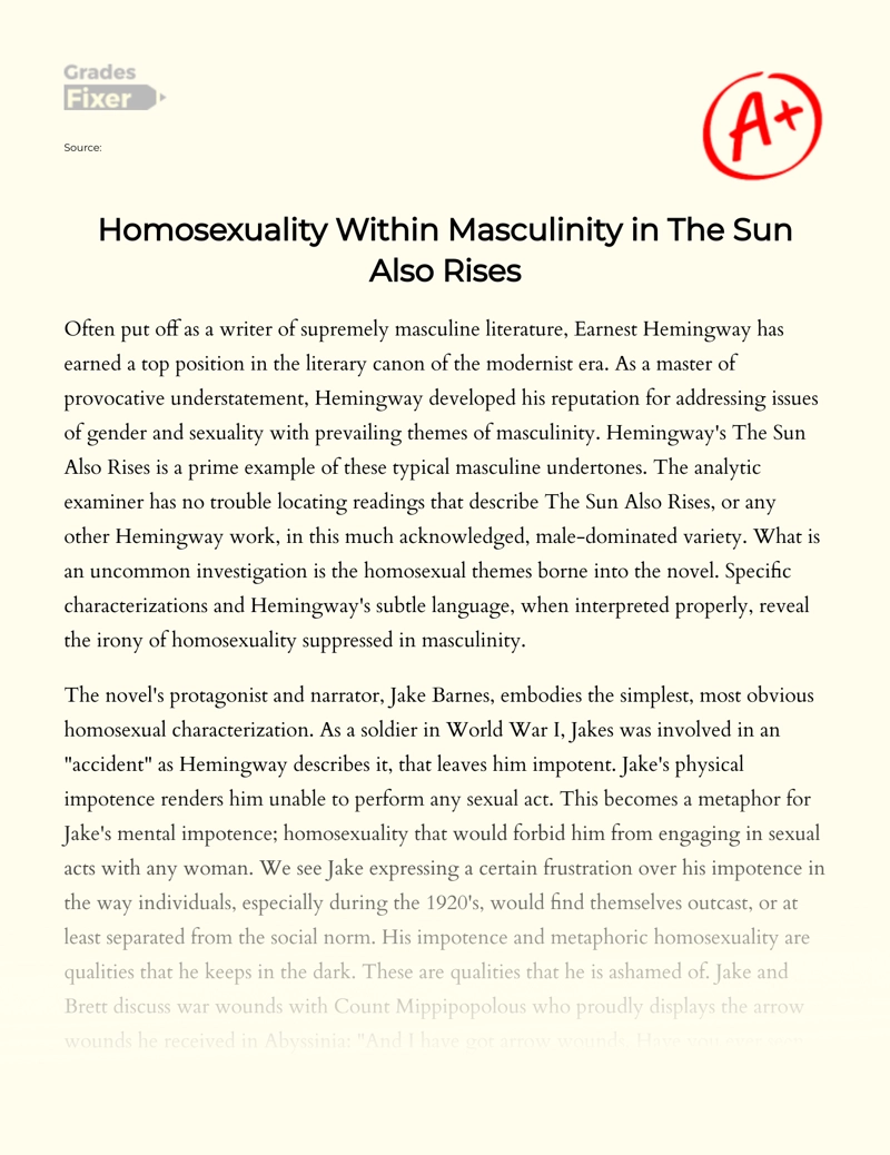 Homosexuality Supressed in Masculinity in "The Sun Also Rises" Essay