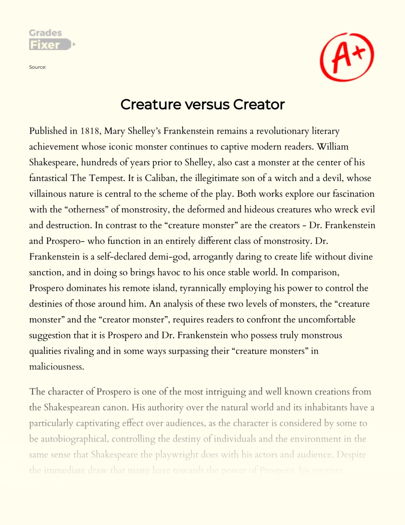 "Creator" and "Creature" Monsters in The Tempest and Frankenstein essay